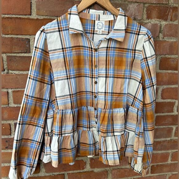 Blue Rain Plaid Tiered Long Sleeve Top - Picture 6 of 8
